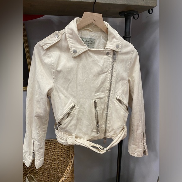 AllSaints Dessa Balfern Ivory Denim Biker Moto Jacket Womens Size 4 - Picture 2 of 8